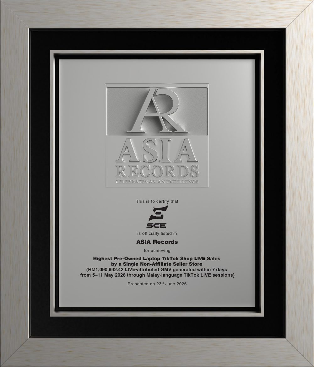 Silver Asia Records plaque certifying SCE Distributor's highest pre-owned laptop TikTok Shop LIVE sales