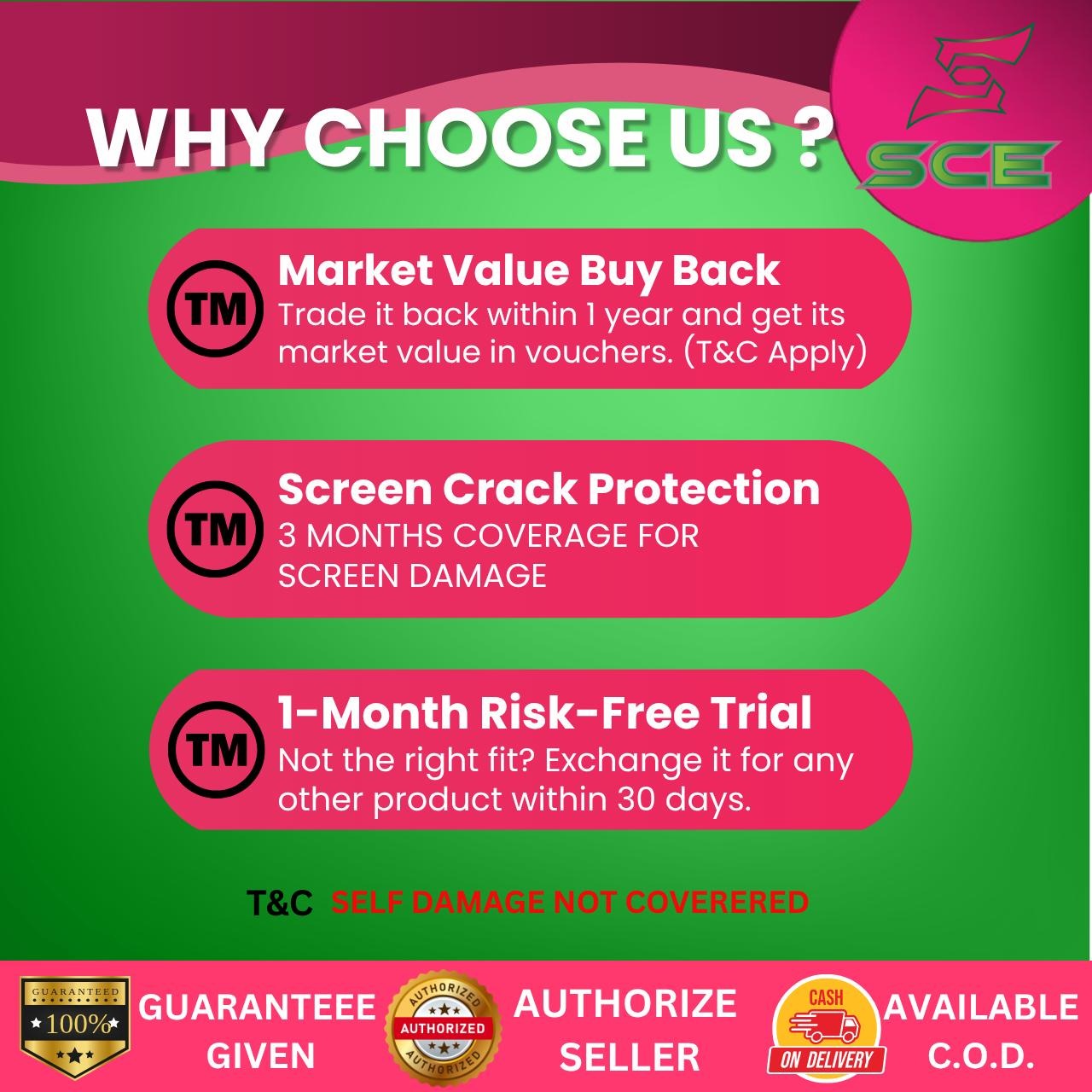 SCE Distributor customer promise — market-value buy-back, screen-crack protection and a risk-free trial