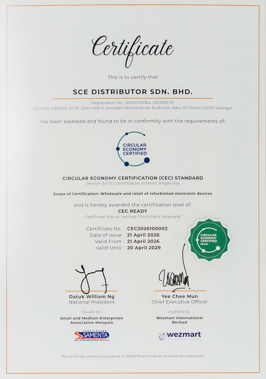 SCE Distributor Circular Economy Certification (CEC) certificate