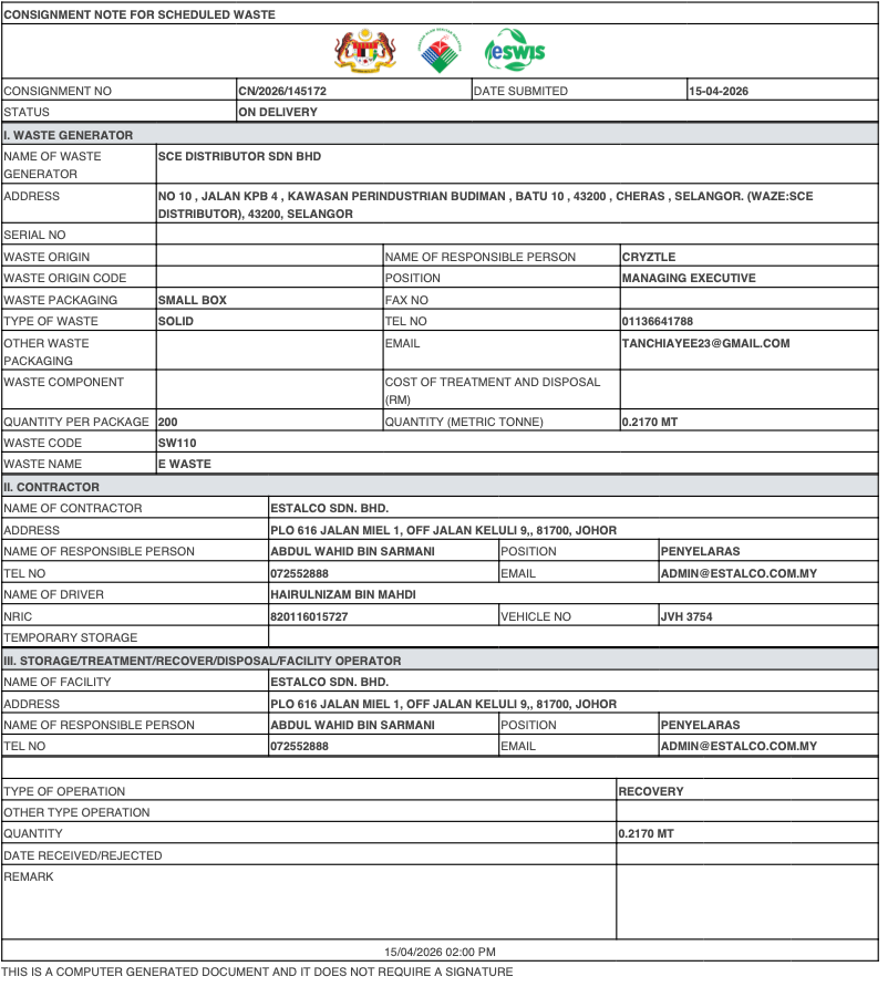 Scheduled-waste consignment note for SCE Distributor e-waste disposal